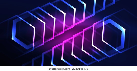 Fondo abstracto del hexágono. Tecno hexágono de neón brillante formas de ilustración vectorial para papel tapiz, banner, fondo, página de aterrizaje, arte mural, invitación, impresiones, carteles