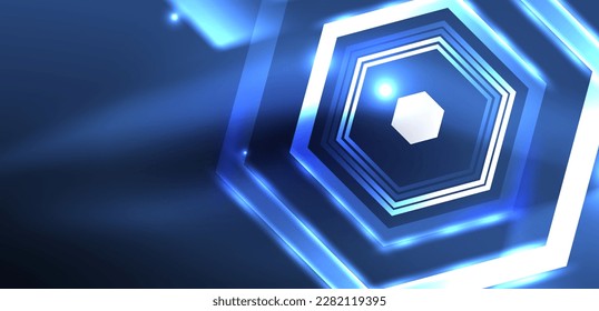 Hexagon abstract background. Techno glowing neon hexagon shapes vector illustration for wallpaper, banner, background, landing page, wall art, invitation, prints, posters