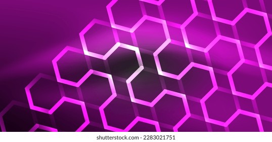 Hexagon abstract background. Techno glowing neon hexagon shapes vector illustration for wallpaper, banner, background, landing page, wall art, invitation, prints, posters