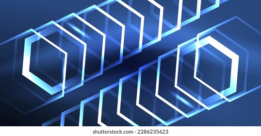 Hexagon abstract background. Techno glowing neon hexagon shapes vector illustration for wallpaper, banner, background, landing page, wall art, invitation, prints, posters