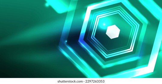 Hexagon abstract background. Techno glowing neon hexagon shapes vector illustration for wallpaper, banner, background, landing page, wall art, invitation, prints, posters