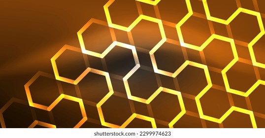 Hexagon abstract background. Techno glowing neon hexagon shapes vector illustration for wallpaper, banner, background, landing page, wall art, invitation, prints, posters
