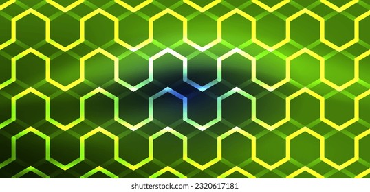 Fondo abstracto del hexágono. Tecno hexágono de neón brillante formas de ilustración vectorial para papel tapiz, banner, fondo, página de aterrizaje, arte mural, invitación, impresiones, carteles