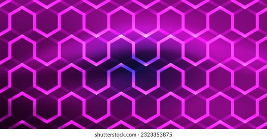 Hexagon abstract background. Techno glowing neon hexagon shapes vector illustration for wallpaper, banner, background, landing page, wall art, invitation, prints, posters