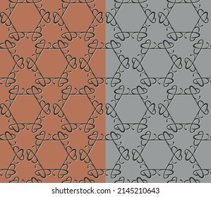 Hexagon abstract decorative seamless pattern. Hand drawn doodle elements. Earthy tones color palette, geometrical ornamental grid. Red or gray easy editable color background. Vector