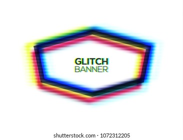 Hexagon abstract frame with glitch texture. Distorted modern hexagonal background with glitch effect. Broken glitched sign. Polygon in rgb colors. Cmyk concept channel. Colorful vector illustration.