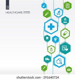 Hexagon abstract. Medicine background with lines, polygons, and integrate flat icons. Infographic concept with medical, health, healthcare, nurse, DNA, pills connected symbols. Vector illustration.