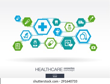 Hexagon abstract. Medicine background with lines, polygons, and integrate flat icons. Infographic concept with medical, health, healthcare, nurse, DNA, pills connected symbols. Vector illustration.