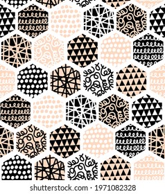 Hexagon abstract seamless vector pattern. Geometric honeycomb shapes with hand drawn doodle texture pink black white. Repeating modern background for fabric, wallpaper, wrapping.
