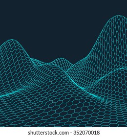 Hexagon abstract vector landscape background. Cyberspace hexagon grid. 3d technology vector illustration.Polygonal hexagon surface.