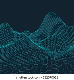 Hexagon abstract vector landscape background. Cyberspace hexagon grid. 3d technology vector illustration.Polygonal hexagon surface.