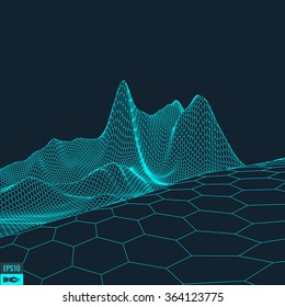 Hexagon abstract vector landscape background. Cyberspace hexagon grid. 3d technology vector illustration.Polygonal hexagon surface.