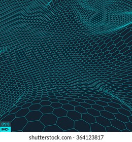 Hexagon Abstract Vector Landscape Background. Cyberspace Hexagon Grid. 3d Technology Vector Illustration.Polygonal Hexagon Surface.