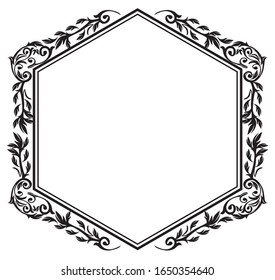 Hexagon antique decorative frame, calligraphic illustrations, black and white vector data