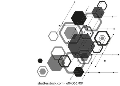 Hexagon background, black and white hexagons, abstract technology background science, futuristic design