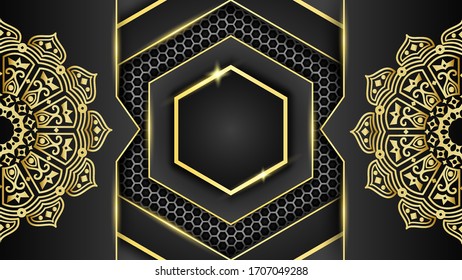 Hexagon background decorated with golden mandala texture. Abstract 3D design. Elegant ornamental. Realistic Paper cut, Vector illustration.
