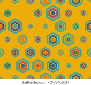 Hexagon background design. Multicolored geometric elements of varied size. Plain hexagon frames. Large honeycomb cells. Tileable pattern. Seamless vector illustration.