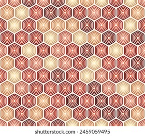 Diseño de fondo hexagonal. Gradientes de tonos de color rojo. Patrón de mosaico de hexágonos apilados redondeados en negrita. Formas hexagonales. Patrón sin costuras. Ilustración vectorial con mosaico.