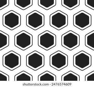 Hexagon background design. Rounded hexagons mosaic cells with padding and inner solid cells. Large hexagons. Seamless tileable vector illustration.