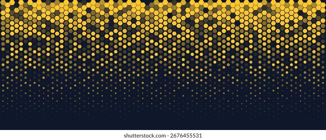 Hexágono Plano de fundo brilhante padrões de favo de mel em cores azuis amarelas para IA, Tech Digital Forum e apresentação de anúncio de conferência. Textura Moderna Hexagonal. Tela de Fundo de Gradiente de Meio-Tom. Vetor abstrato BG