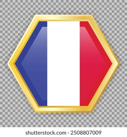 Hexagon badge with flag of France on it. Gold badge on checkered background. Vector icon with shadow underneath