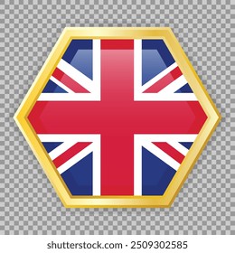 Hexagon badge with flag of the United Kingdom on it. Gold badge on checkered background. Vector icon with shadow underneath