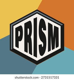 Hexagon badge with prism lettering and angular background panels in muted colors