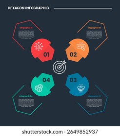 diagrama de processo infográfico de forma de base hexágono com forma aberta espalhando todas as direções criar x forma cruz com fundo escuro brilhante contorno estilo vetor