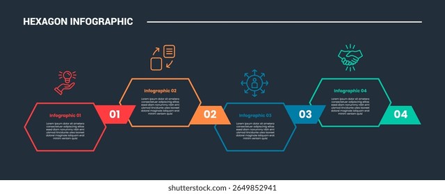 hexagon base shape infographic process diagram with up and down wave with ribbon badge with dark background bright outline style vector