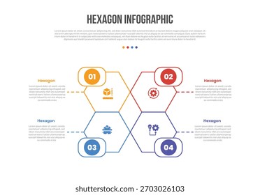 Diagrama de Plantilla de infografías de forma de base hexagonal con estructura de cuadrante con insignia de rectángulo redondo y puntero de línea punteada con paso de 4 puntos Vector de contorno plano simple creativo