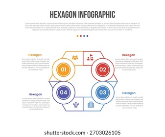 diagrama de modelo de infográficos de forma de base hexágono com contorno grosso com distintivo de círculo grande em equilíbrio simétrico com passo de 4 pontos criativo vetor de contorno plano simples