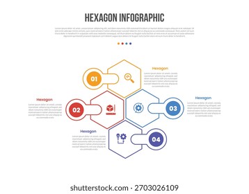 Diagrama de Plantilla de infografías de forma de base hexagonal con estructura de Vertical con insignia circular en dirección opuesta con paso de 4 puntos Vector de contorno plano simple creativo