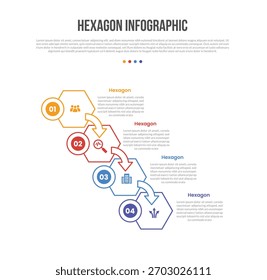 Diagrama de Plantilla de infografías de forma de base hexagonal con escalera lateral hacia abajo Dirección hacia abajo con puntero de flecha con paso de 4 puntos Vector de contorno plano simple creativo