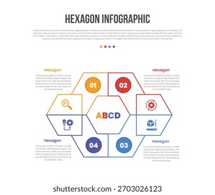 diagrama de modelo de infográficos de forma de base de hexágono com hexágono criativo com emblema de círculo dentro com passo de 4 pontos criativo vetor de contorno plano simples