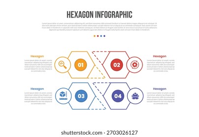 Diagrama de Plantilla de infografías de forma de base hexagonal con estructura de cuadrante con triángulo de línea punteada y lado de insignia circular con paso de 4 puntos Vector de contorno plano simple creativo