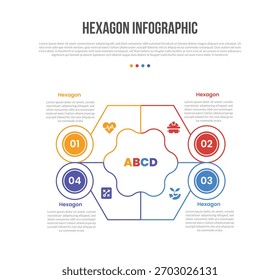 hexagon base shape infographics template diagram with big hexagon center with circle badge on edge with 4 point step creative simple flat outline vector