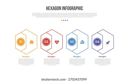 Diagrama de Plantilla de infografías de forma de base hexagonal con forma simple con media insignia en el lado con paso de 4 puntos Vector de contorno plano simple creativo