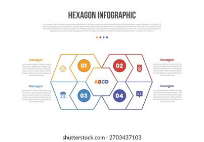 Diagrama de Plantilla de infografías de forma de base hexagonal con forma de bloque grande en estructura de cuadrante con paso de 4 puntos Vector de contorno plano simple creativo