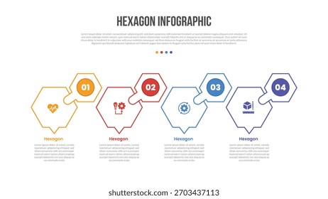 diagrama de modelo de infográficos de forma de base de hexágono com grande hexágono e crachá hexagonal pequeno no lado superior com passo de 4 pontos criativo vetor de contorno plano simples