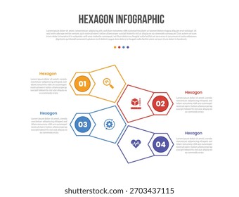 diagrama de modelo de infográficos de forma de base hexágono com direção oposta vertical empilhada com passo de 4 pontos criativo vetor de contorno plano simples
