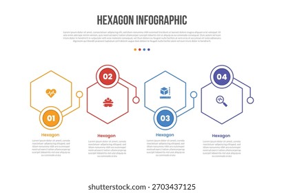 Diagrama de Plantilla de infografías de forma de base hexagonal con insignia circular arriba y abajo con círculo de línea de puntos con paso de 4 puntos Vector de contorno plano simple creativo
