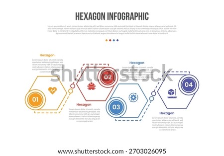 hexagon base shape infographics template diagram with up and down with dotted line connection with 4 point step creative simple flat outline vector