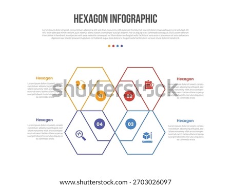 hexagon base shape infographics template diagram with line combination cut and slice with centered symmetric style with 4 point step creative simple flat outline vector