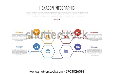 hexagon base shape infographics template diagram with hexagon center base structure with circle badge on quadrant structure with 4 point step creative simple flat outline vector
