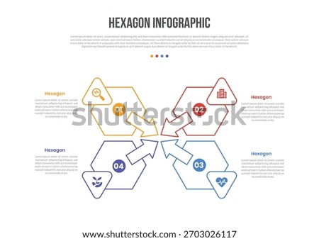hexagon base shape infographics template diagram with quadrant structure with arrow centered direction with 4 point step creative simple flat outline vector
