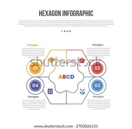 hexagon base shape infographics template diagram with big hexagon center with circle badge on edge with 4 point step creative simple flat outline vector