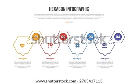 hexagon base shape infographics template diagram with big hexagon and small hexagonal badge on top side with 4 point step creative simple flat outline vector