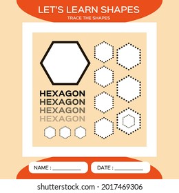 Hexagon. Basic geometric shapes. Elements for children. Learn Shapes. Handwriting practice. Trace and write. Educational children game. Kids activity printable sheet. Orange Background.