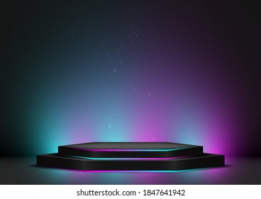 Hexagon black podium, decoration with neon light colorful design on dark background. Stage empty for decor product, advertising, show, contest, award, winner. Vector illustration.