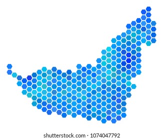 Hexagon Blue Arab Emirates Map. Vector geographic map in cold color tinges on a white background. Blue vector concept of Arab Emirates Map made of hexagon spots.